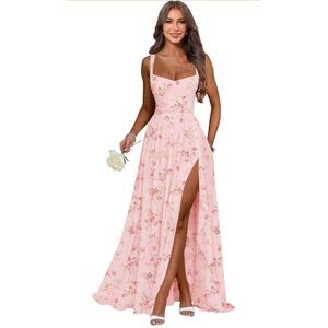 Azazie Pink Floral Slit Gown 4 NWT